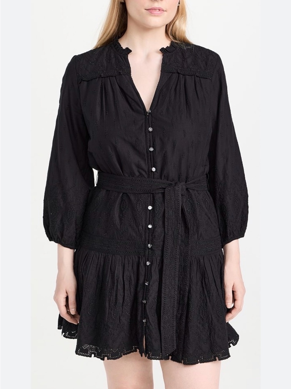 Veronica Beard Black Button-Front Tie-Waist Mini Dress